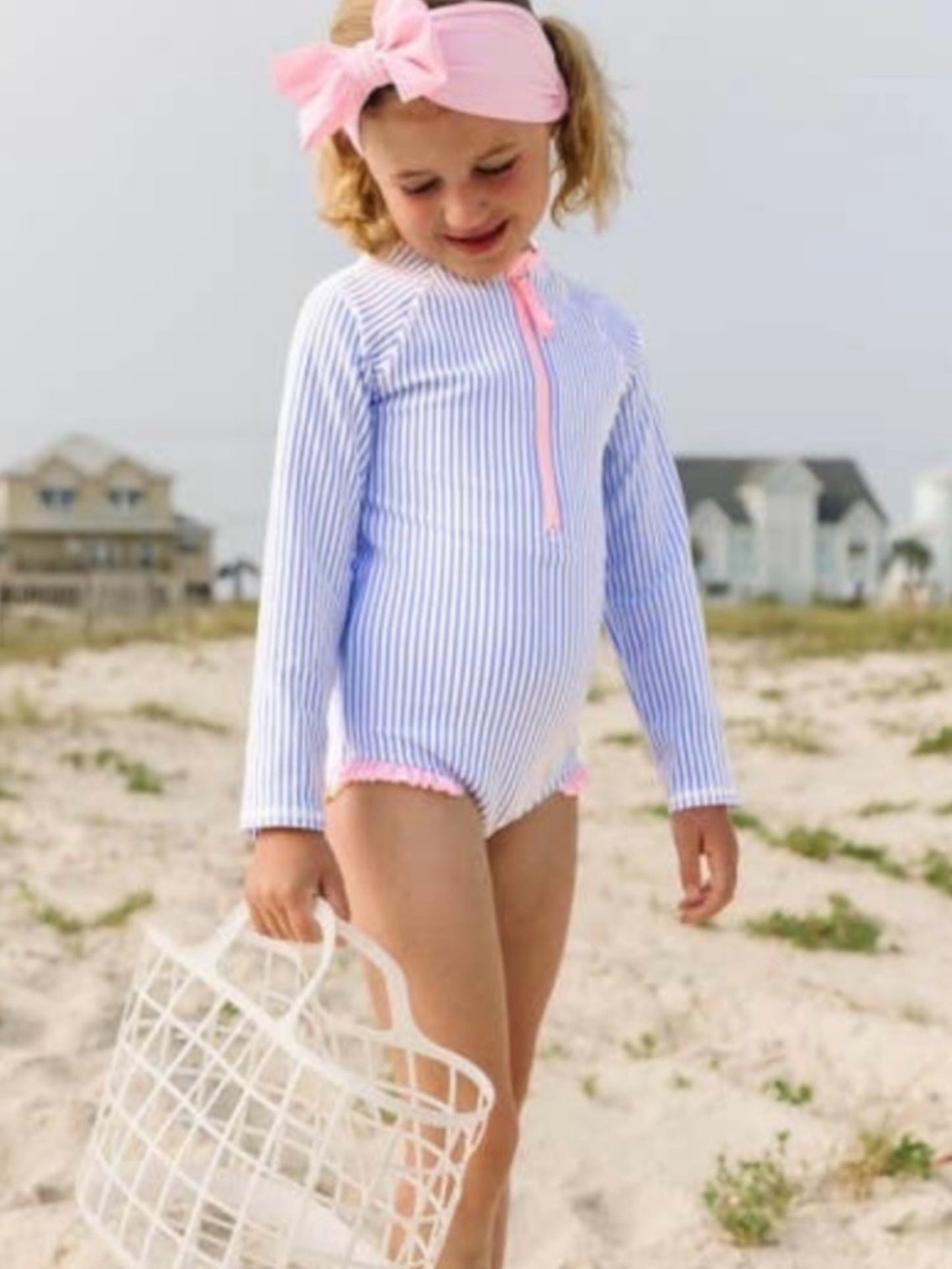 NWT! Ruffle Butts Blue Seersucker Long-Sleeve Rashguard Swimsuit size 10 large L